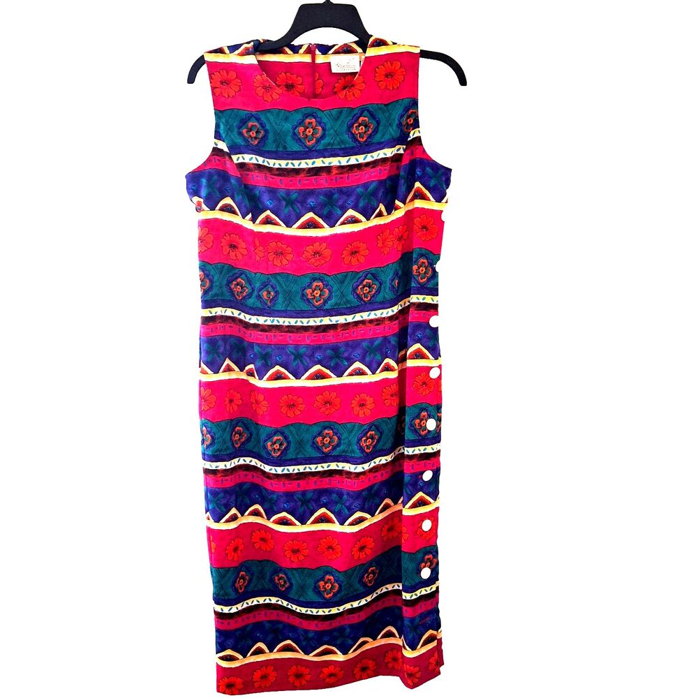 Vintage Kathie Lee 80s Maxi S 16 Boho Funky Retro Geometric Floral Side Button